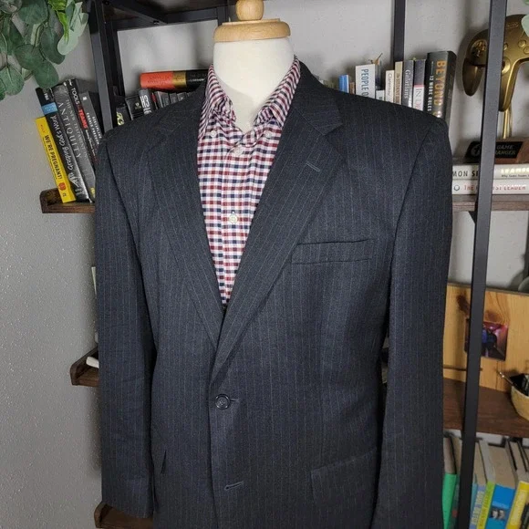 JOS A BANK Men's Flannel Sport Coat Two Button Black‎ Striped Wool Cashmere 43R